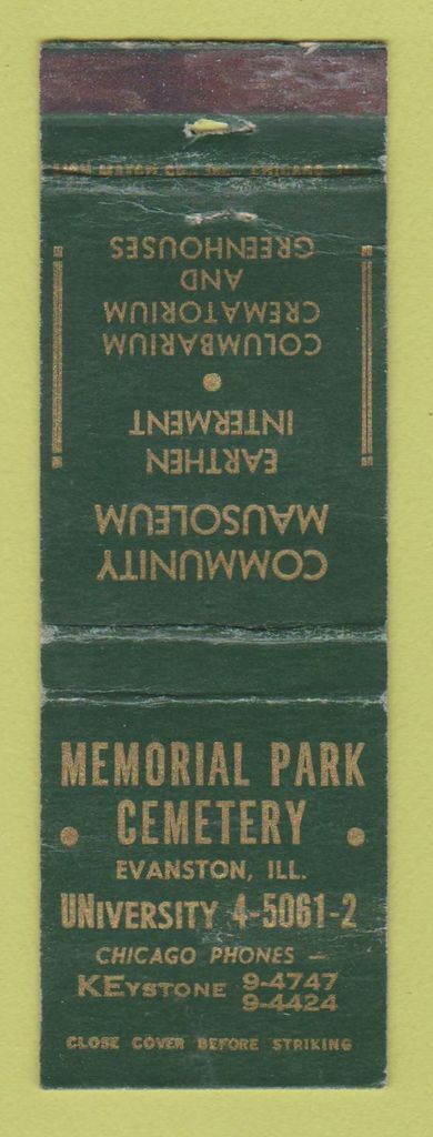 Matchbook Cover - Memorial Park Cemetery Evanston IL WEAR