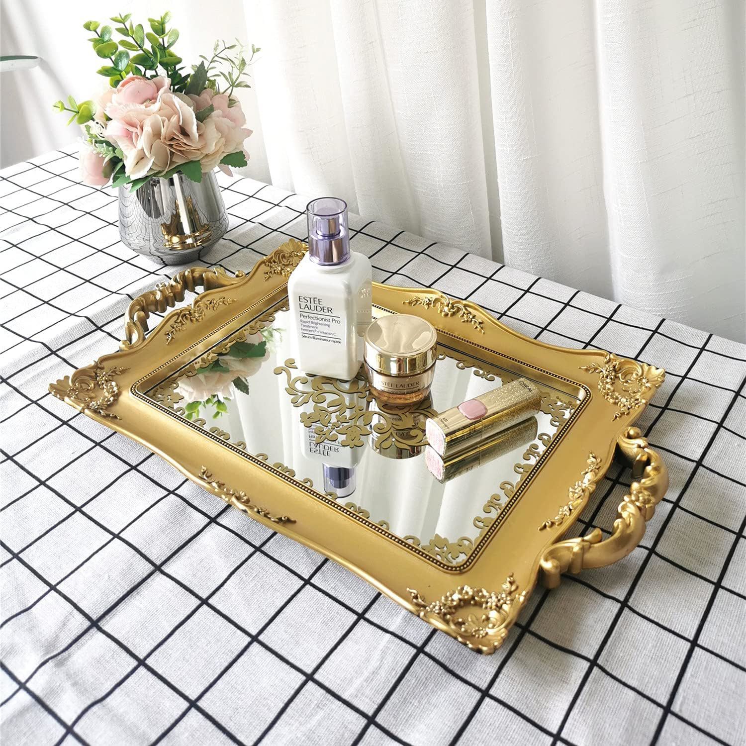 YANIZU Decorative Mirror Tray, Floral Vanity Organizer for Makeup, Jewelry, Perf