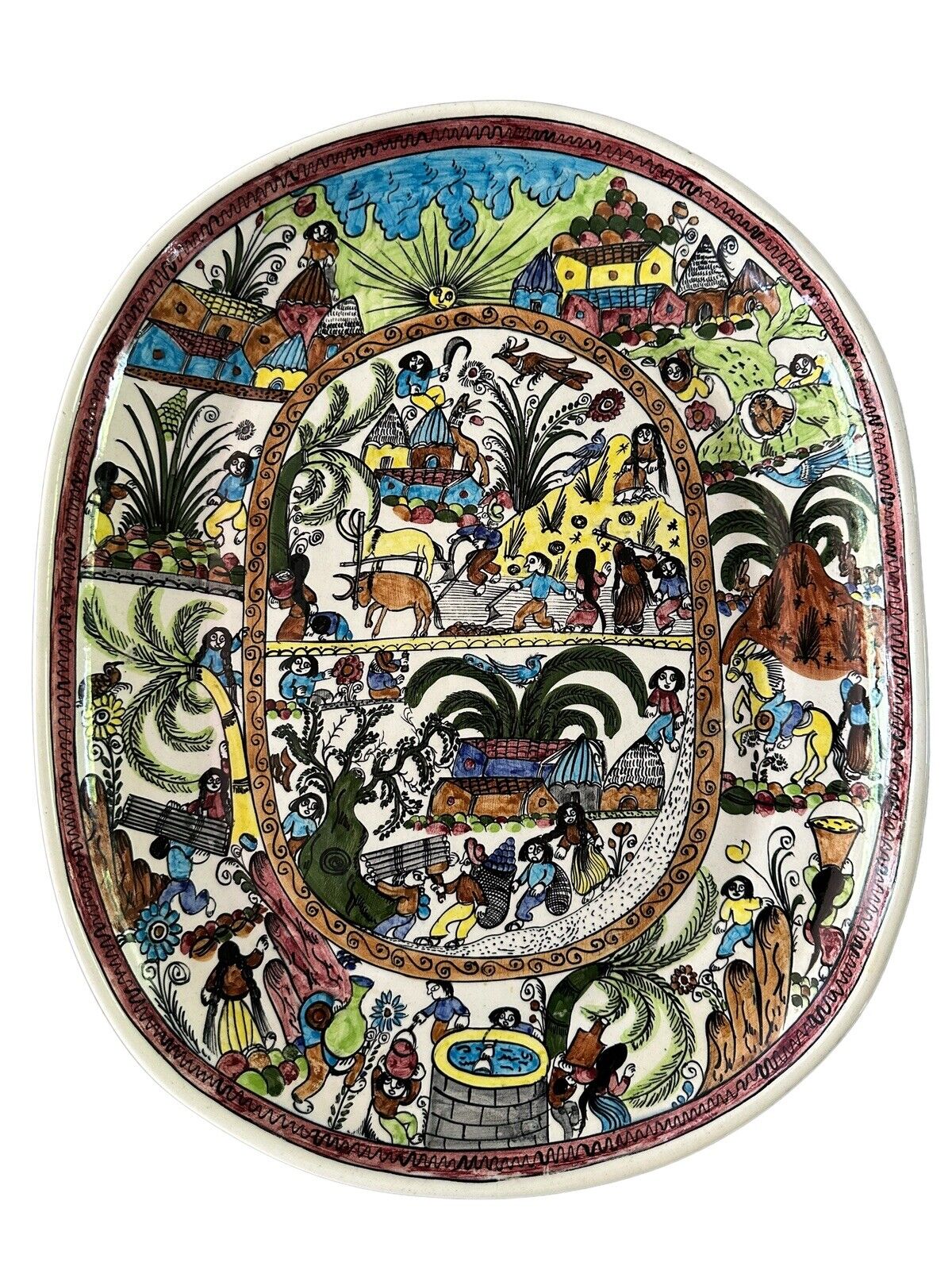 Large Guerrero Mexican Pottery Oval Platter Signed by Artist Jesus Roman Diego