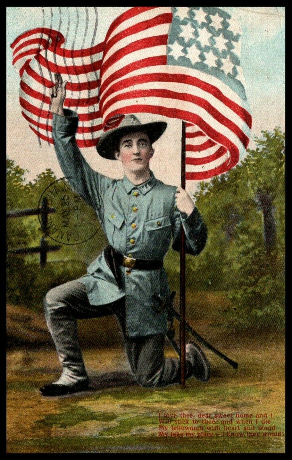 Patriotic Postcard, Proud Uniformed Civil War Soldier Bend Knee Salutes To Flag 