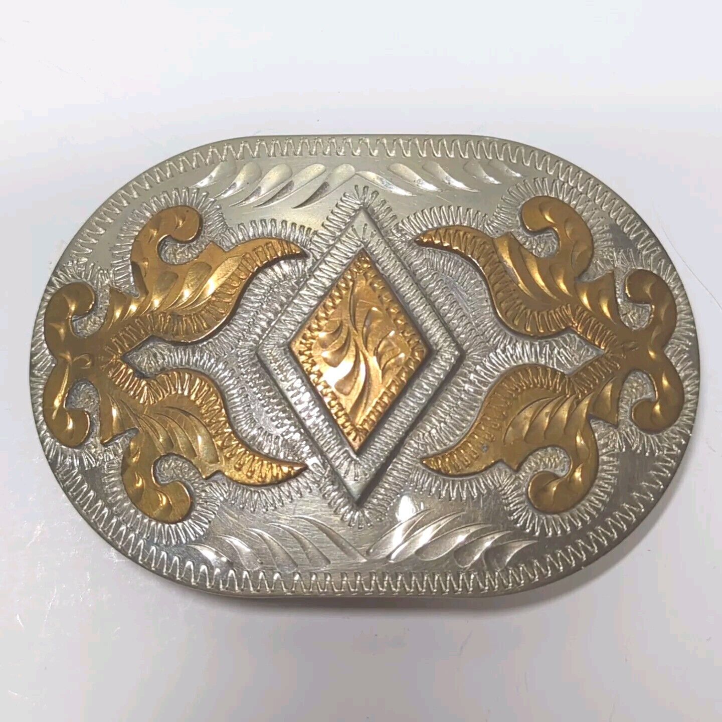 Vtg Western Flair Belt Buckle Mixed Metal Gold And Silver Tone Hand Crafted USA