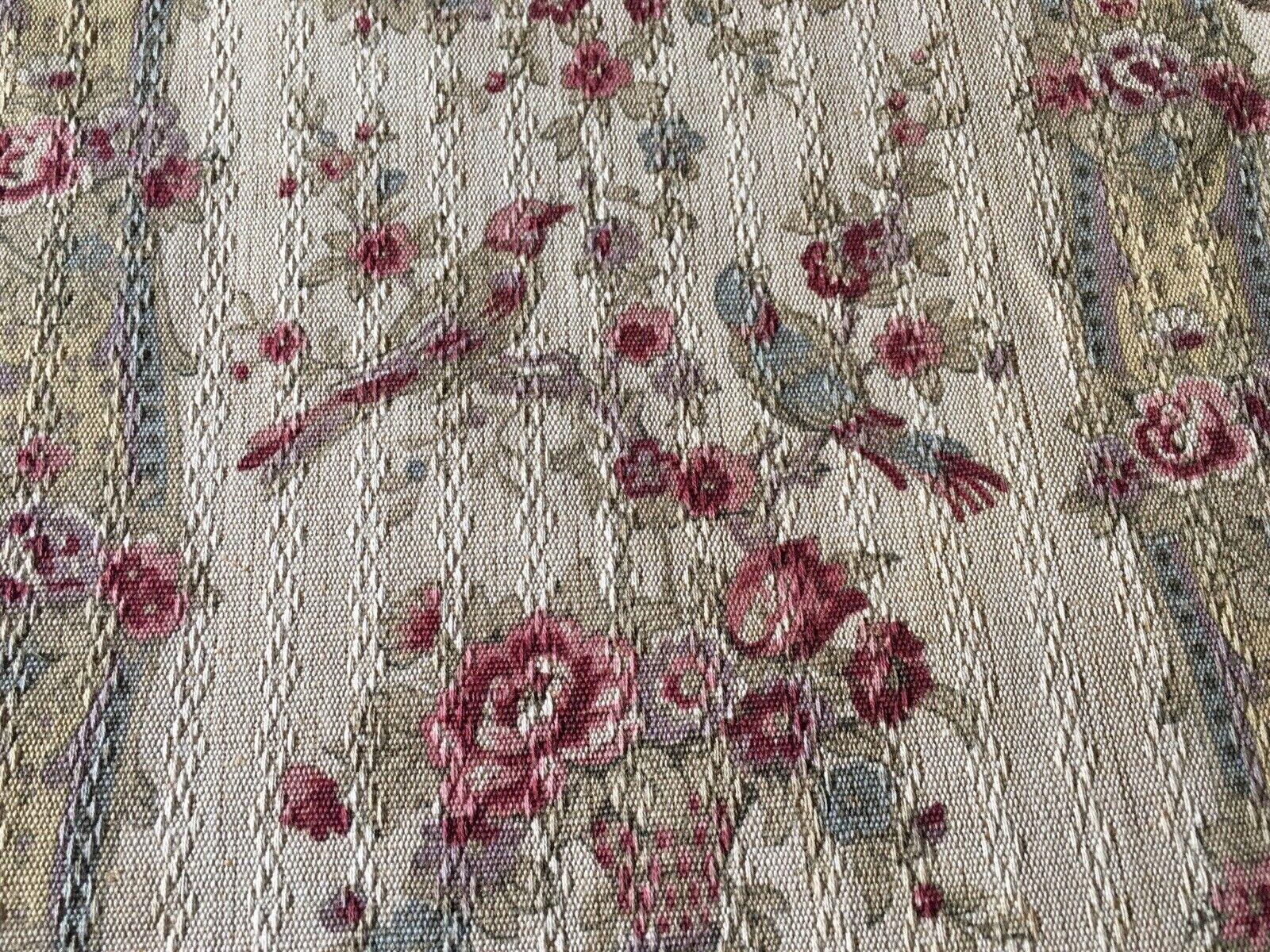 Antique French Floral Bird Textured Cotton Linen Fabric ~Raspberry Blue Ochre