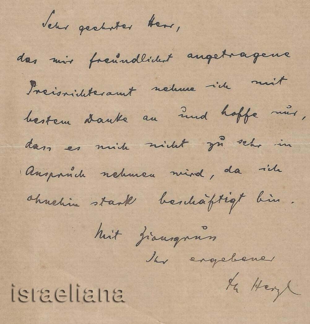 Theodor Herzl Signed Handwriting Letter Vienna 1897 Jewish Autograph Judaica Jew