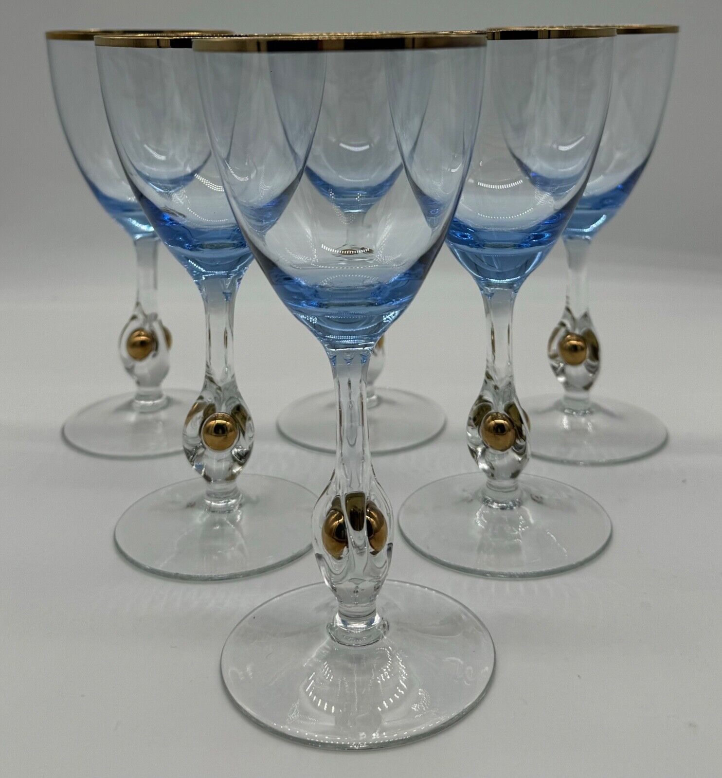 RARE Lyngby Amethyst Blue Danish Crystal Wine Glass Stems (6) Gold Ball 7\