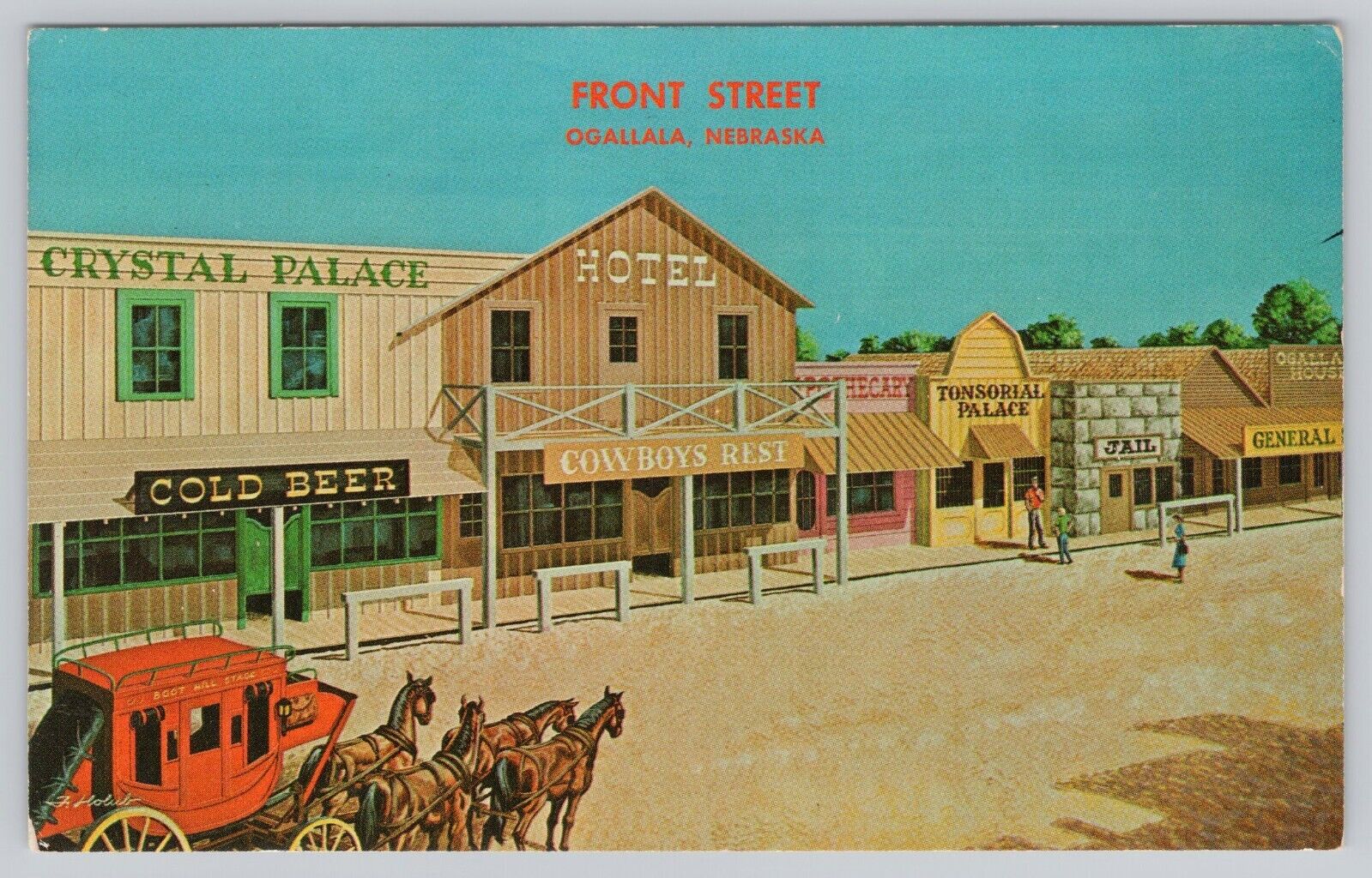 Front Street Ogallala Nebraska NE Vintage Chrome Postcard Street Crystal Palace