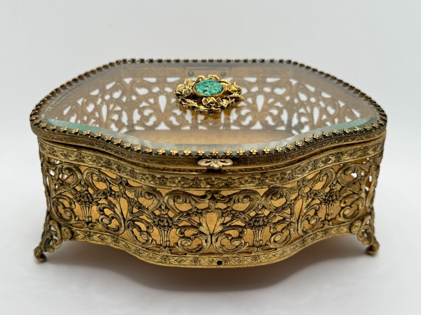 Vintage Peking Glass Ormolu Brass Filigree Glass Casket Jewelry Box