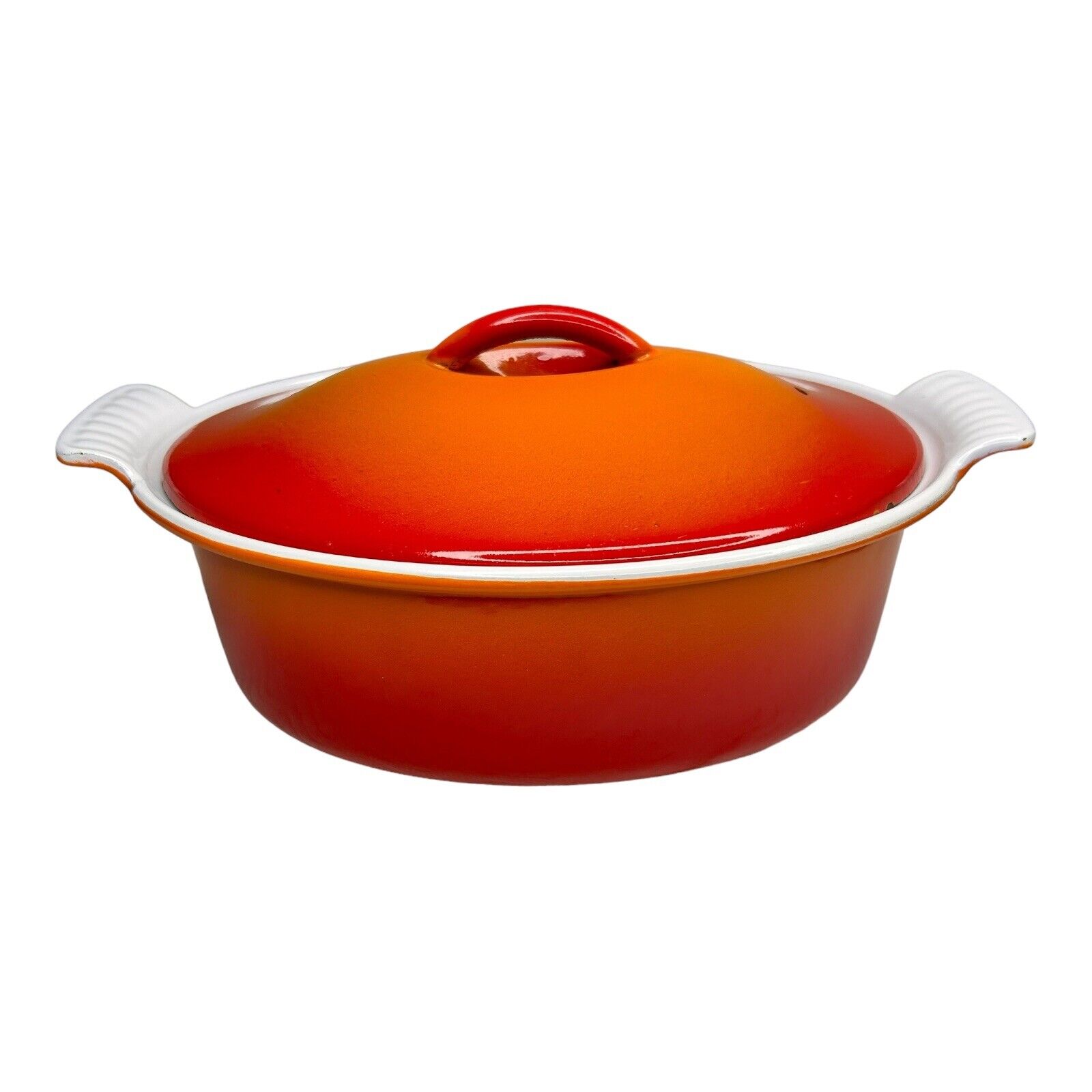Vtg Descoware Orange Red Casserole Pot Pan Cast Iron Enamel Belgium 16-C 22 FE