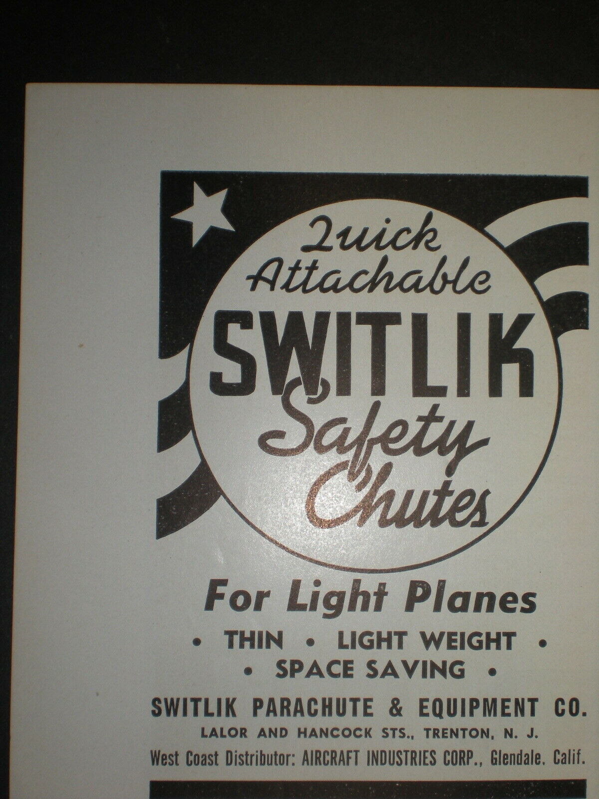1940 QUICK ATTACHABLE SWITLIK SAFETY CHUTE PARACHUTE vintage Trade print ad