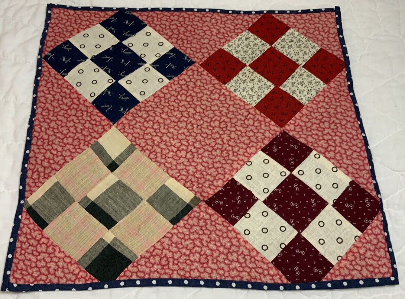 Vintage Antique Patchwork Quilt Table Topper, Square, Nine Patch, Early Calicos