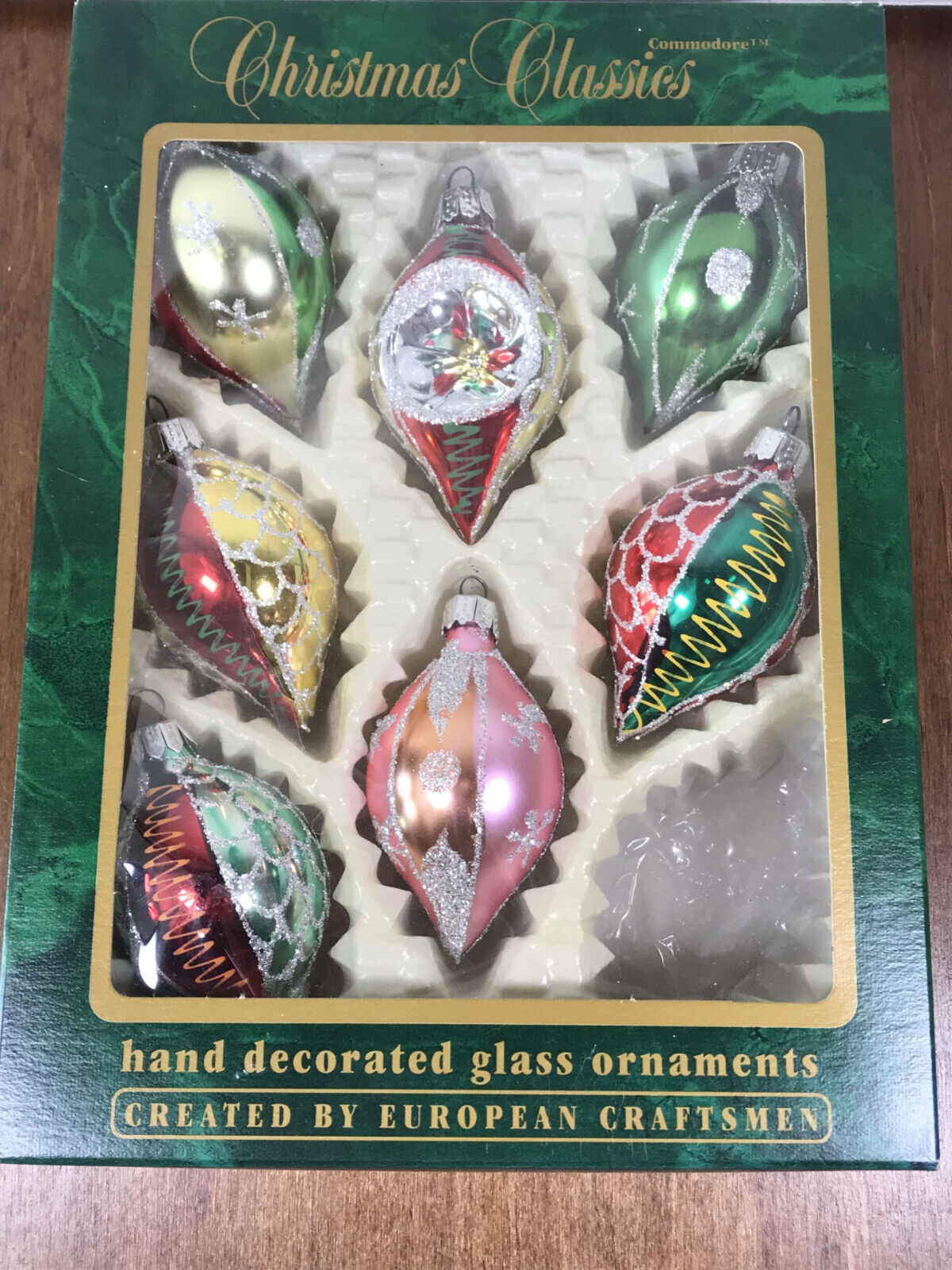 7 Vintage Commodore Glass Ornaments Indent Teardrop Glitter Hand Painted Romania