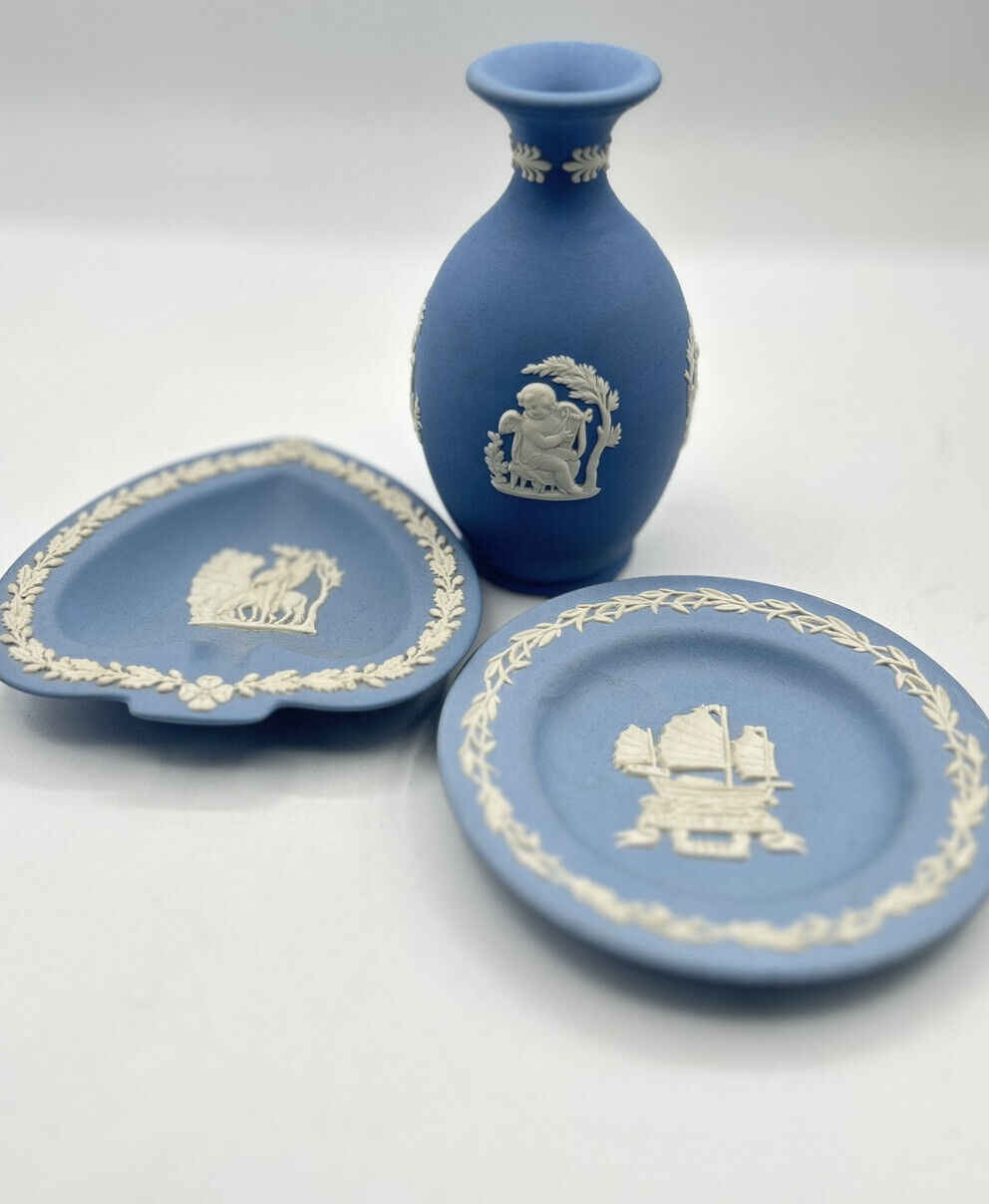 Vintage Wedgwood Blue Jasperware Bundle Lot 3 Pieces; Vase, Trinket Dishes