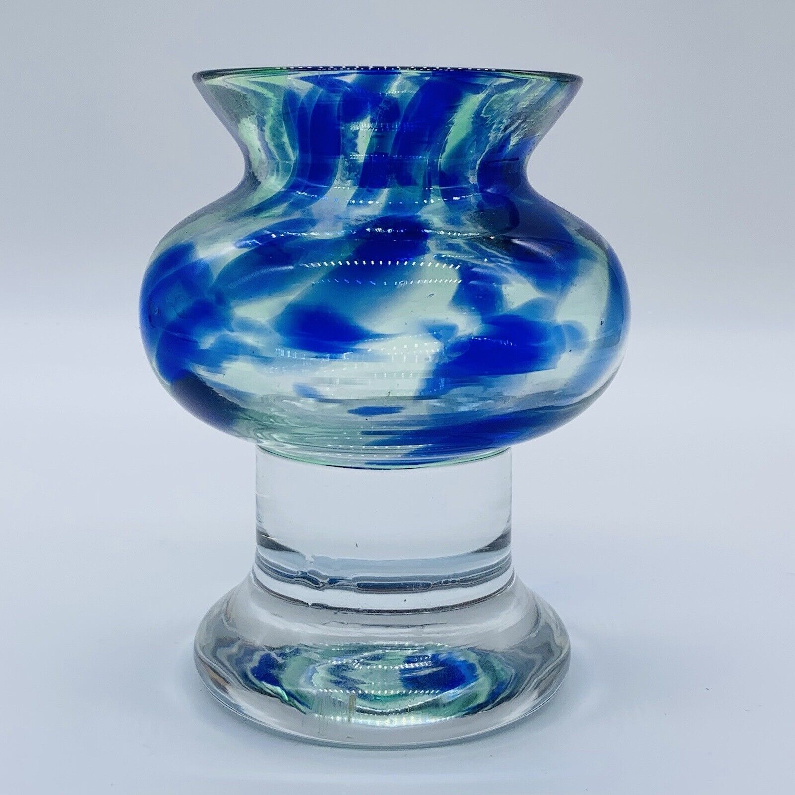 Sea Of Sweden Bjorn Ramel Blue Green Art Glass Heavy Footed Candle Holder 4.5”