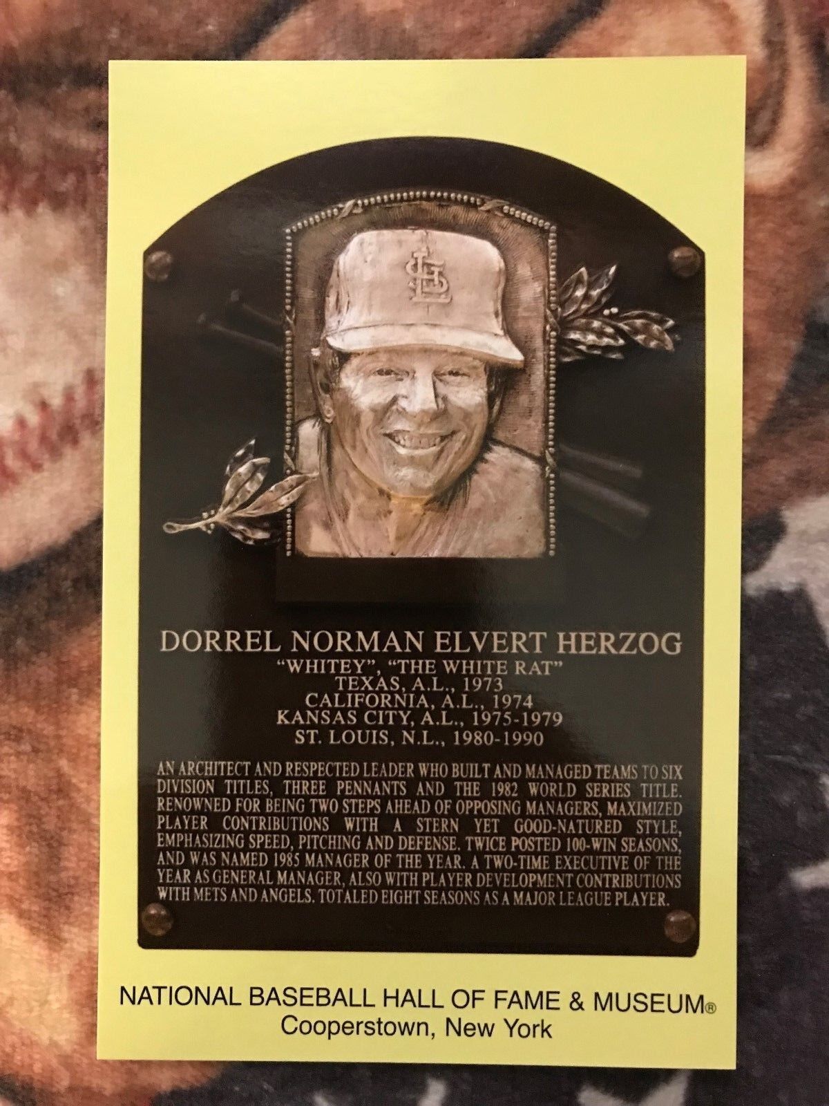 Whitey Herzog Postcard- Baseball Hall of Fame Induction Plaque- Photo -Cardinals