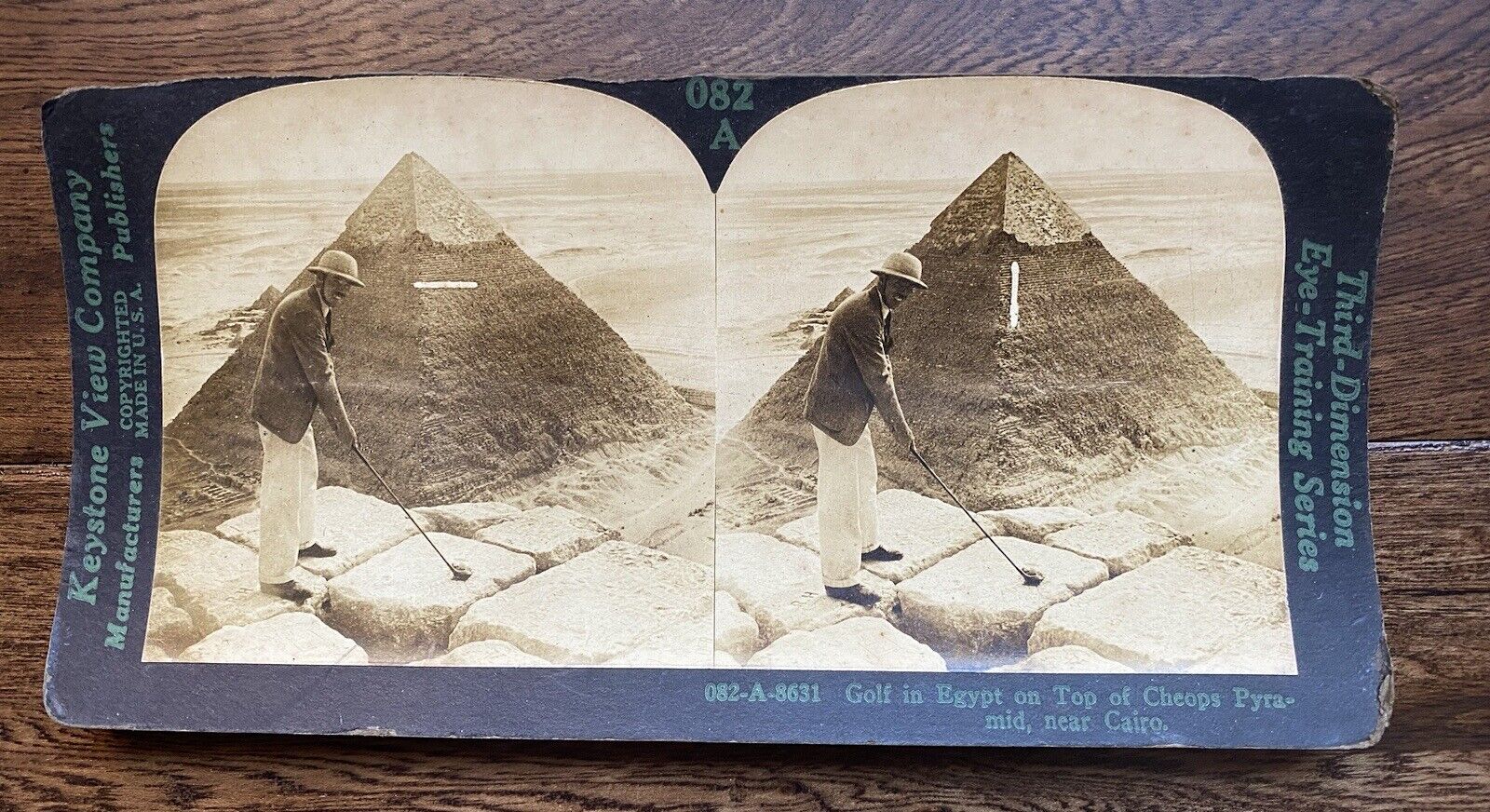 Egypt Stereoview Man on Cheops Pyramid Near Cairo with Golf Club Vintage Photo