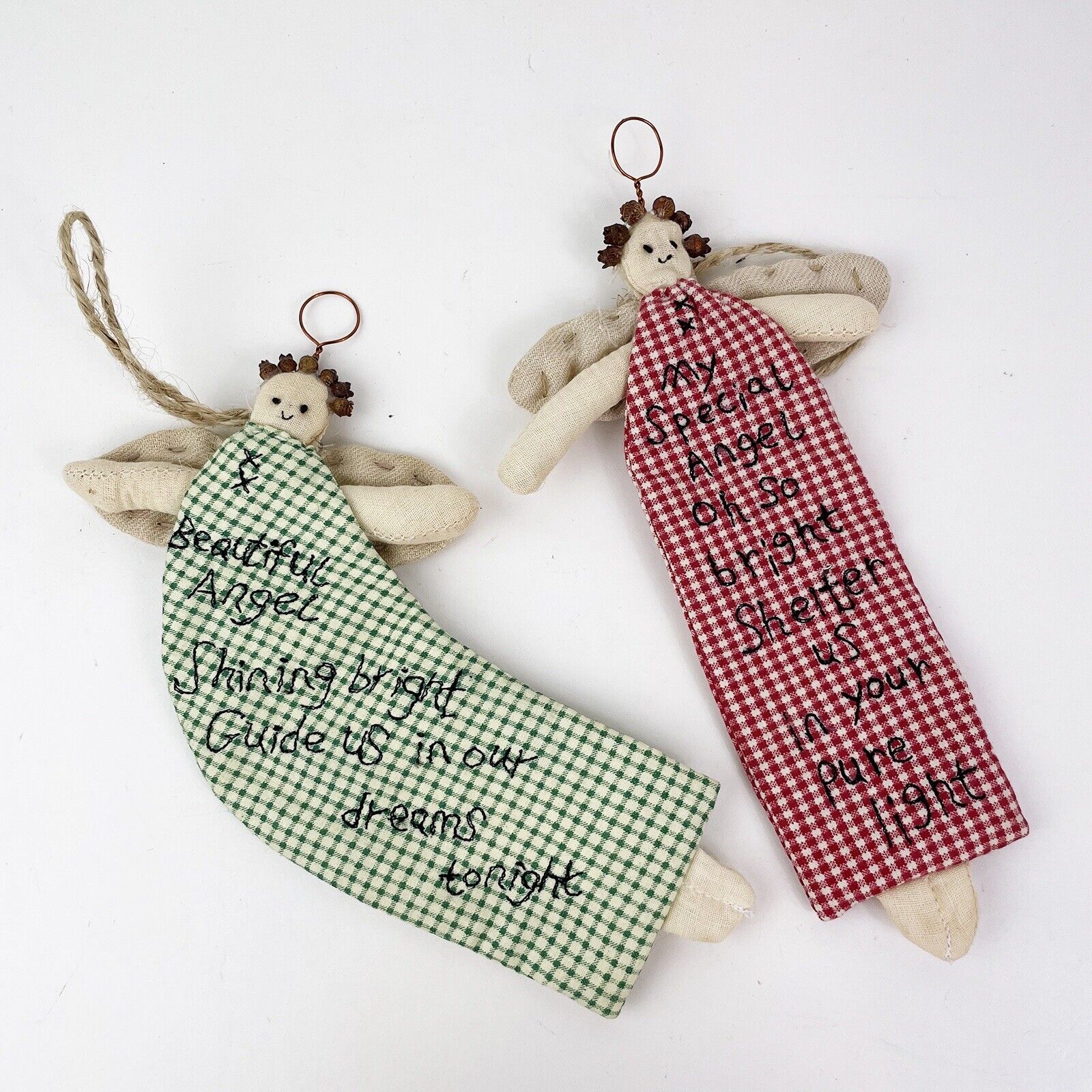 2 Vintage Cute Handmade Cloth Angel Ornaments With Hand Sewing Sayings