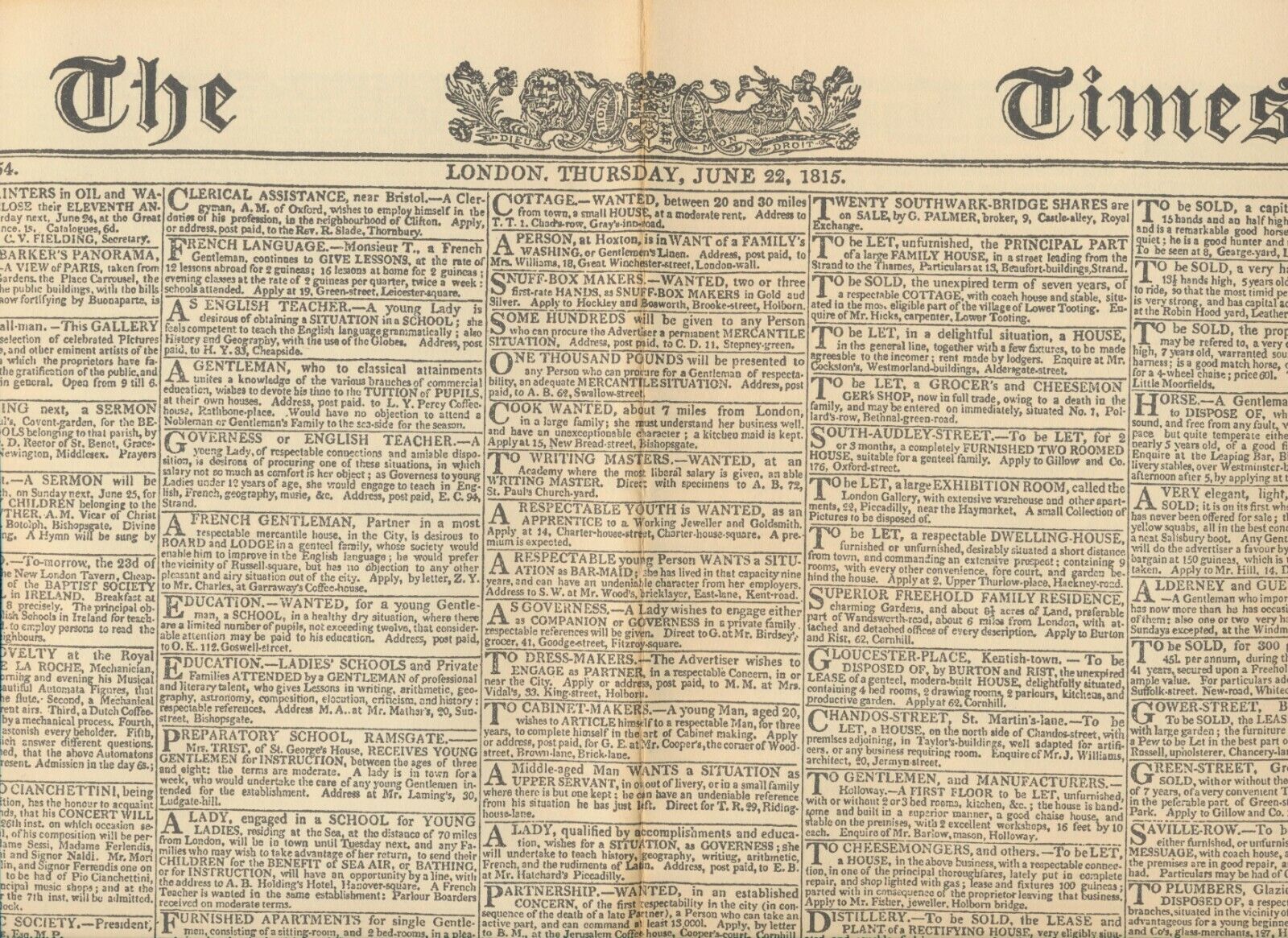 The Times of London Reprint ~ June 22, 1815 Newspaper ~ Large (22\