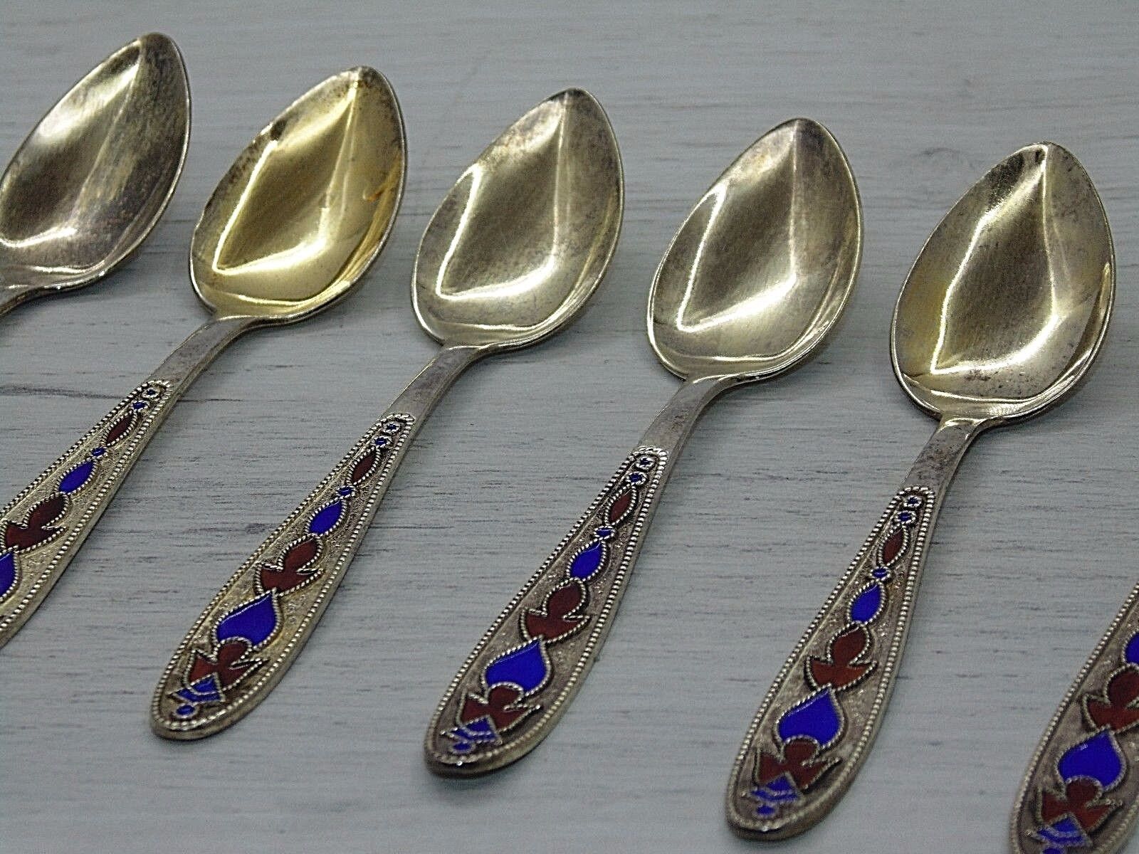 Lot of 6pcs. Vintage soviet tea spoons SILVER 875 star Gold plated, enamel 