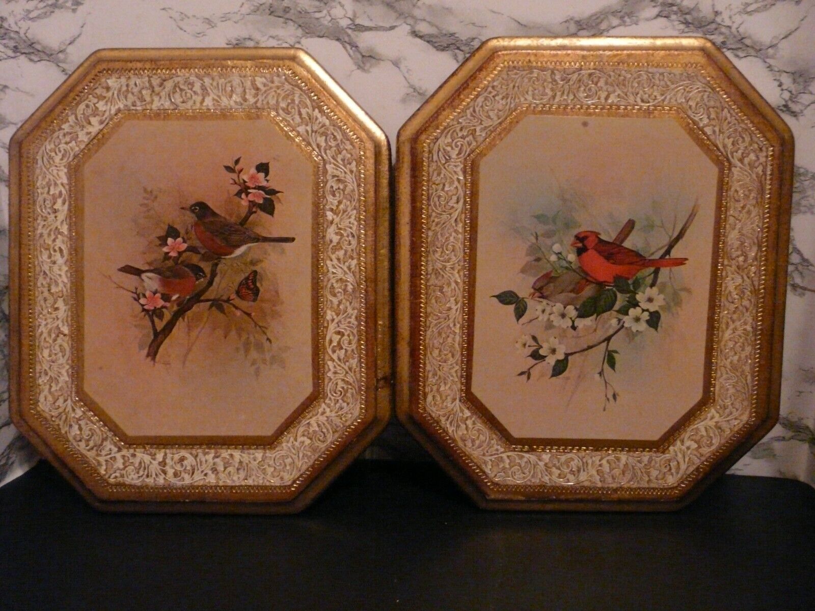 Vintage set of 2 Italian Florentine Gold Gilded Wood Bird Plaques Italy 1960s