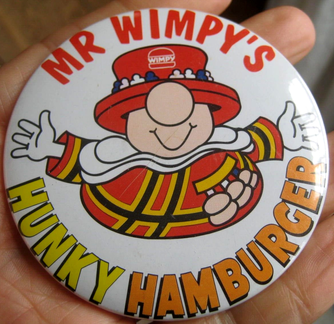 WIMPY RESTAURANTS vintage 1990s MR WIMPY'S MEGABITES HUNKY HAMBURGER pin BADGE