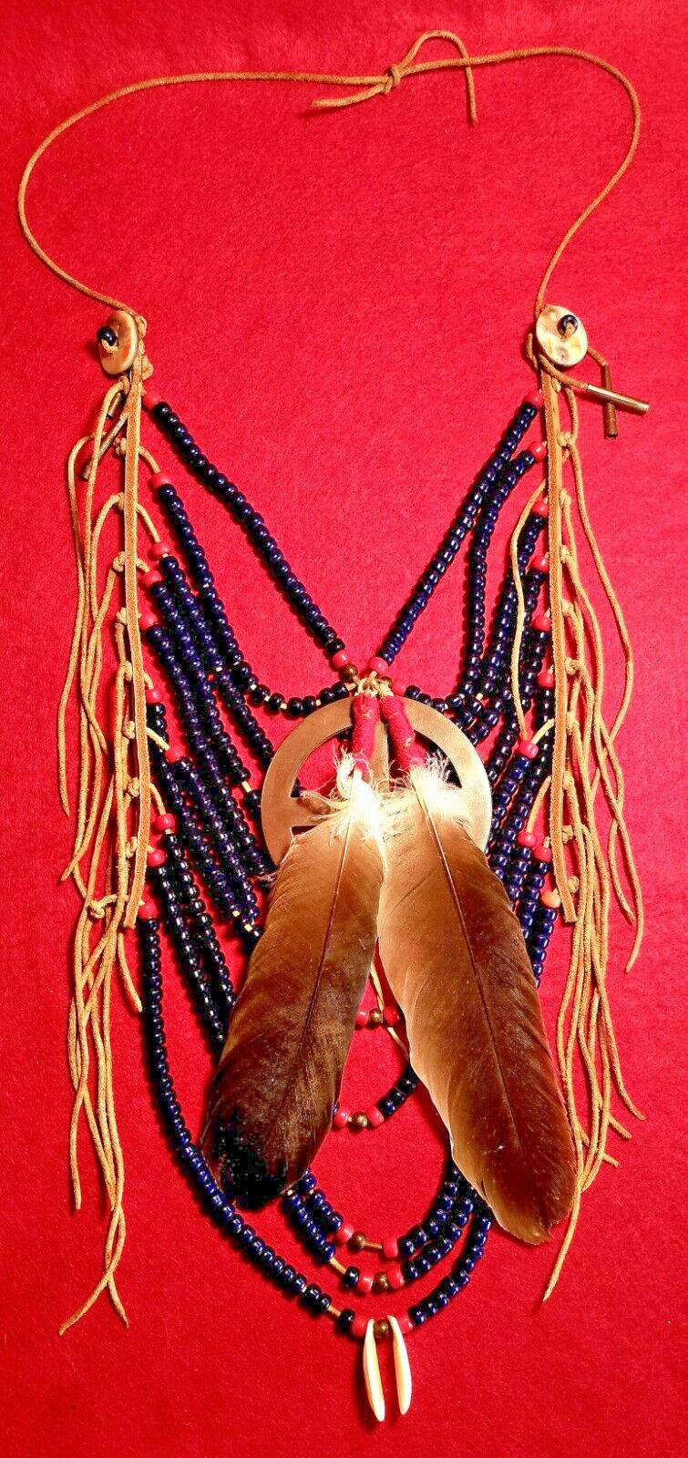 Traditional Blue Colbalt Bead Crow Loop Necklace W/ Medicine Wheel