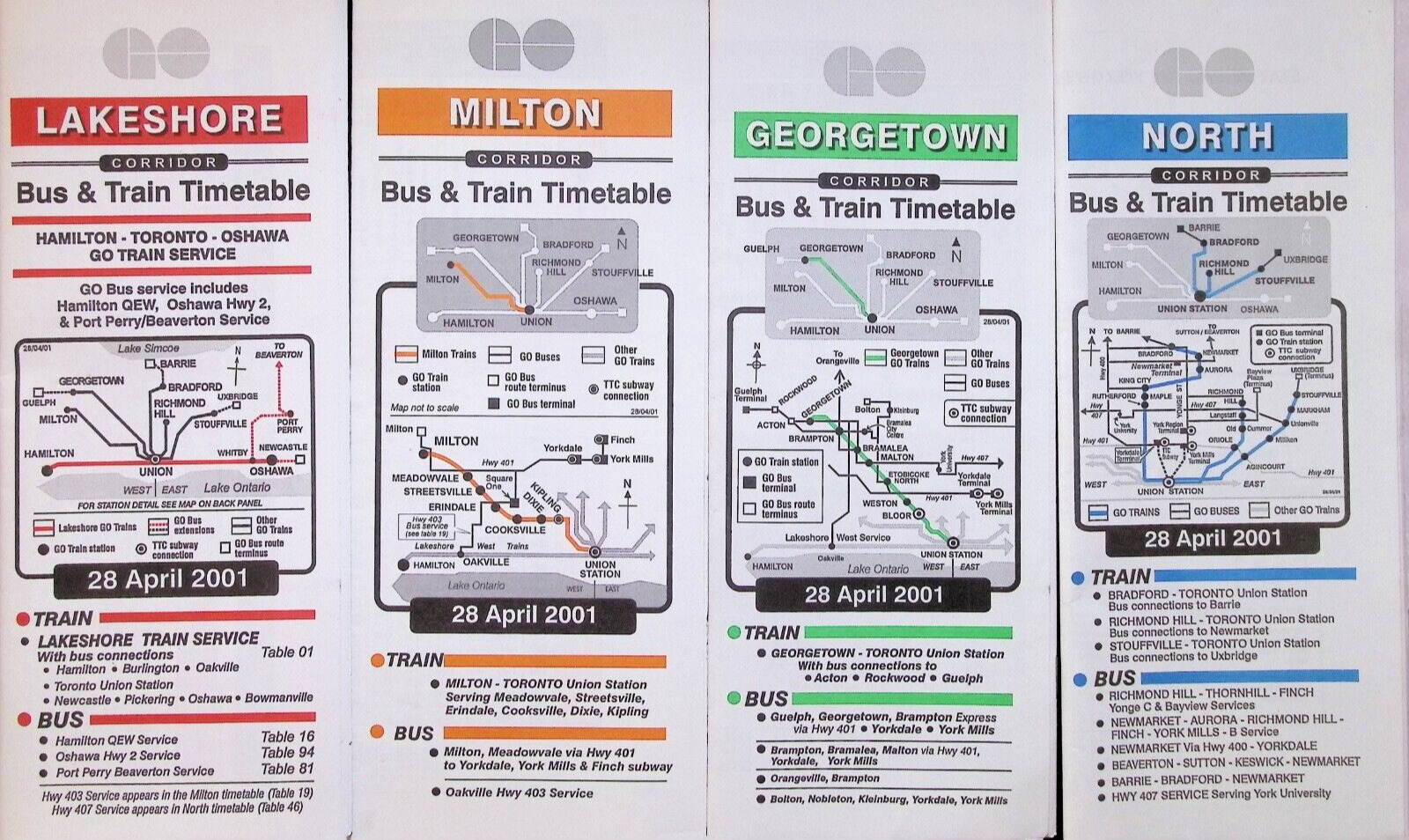 Toronto GO TRAIN Commuter Rail Timetable Complete Set 4/28/2001 - Four Booklets
