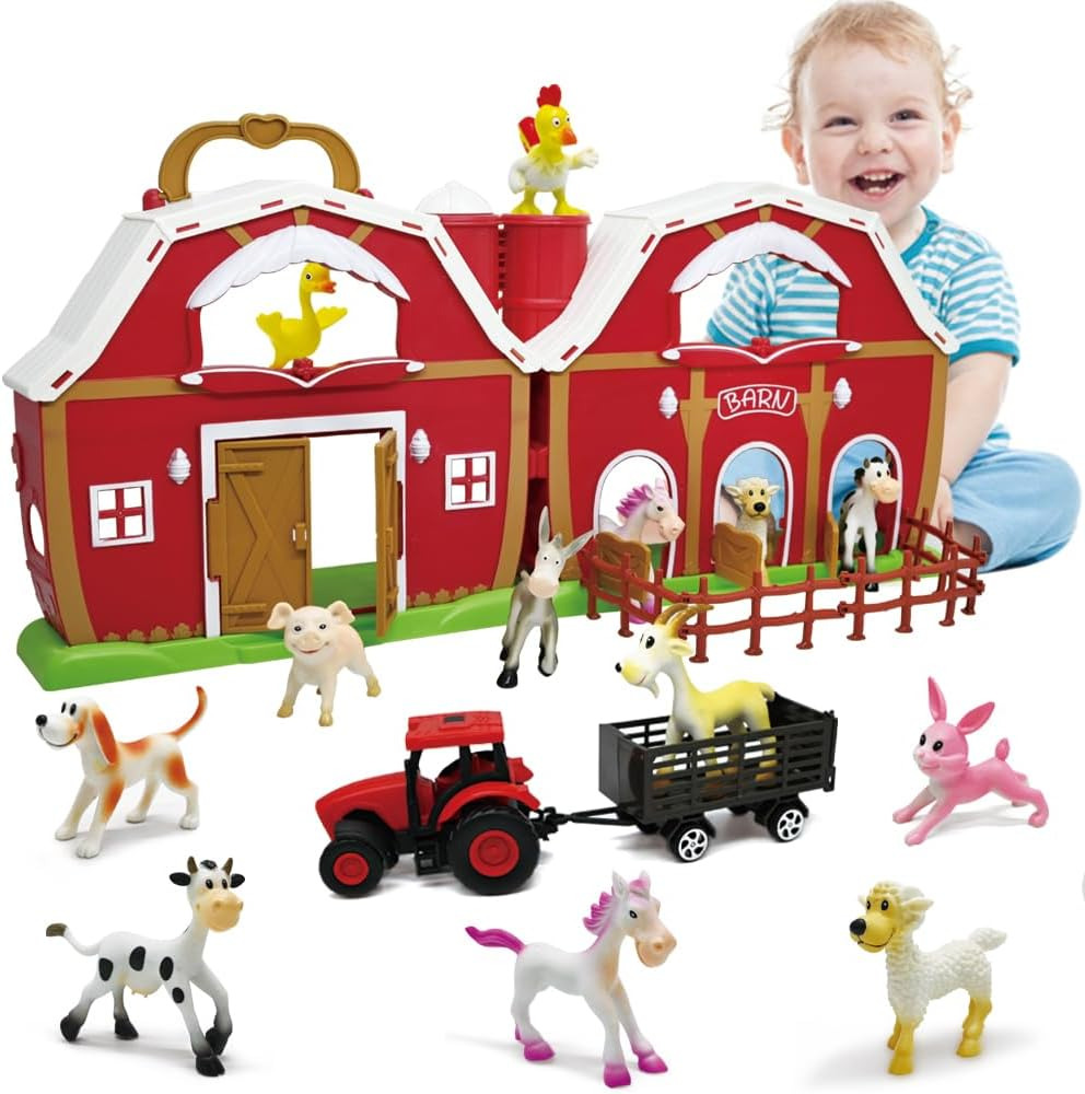 Big Red Barn Farm Figures Animals Toys for Toddlers, Cute Farm Figurines, Fence 