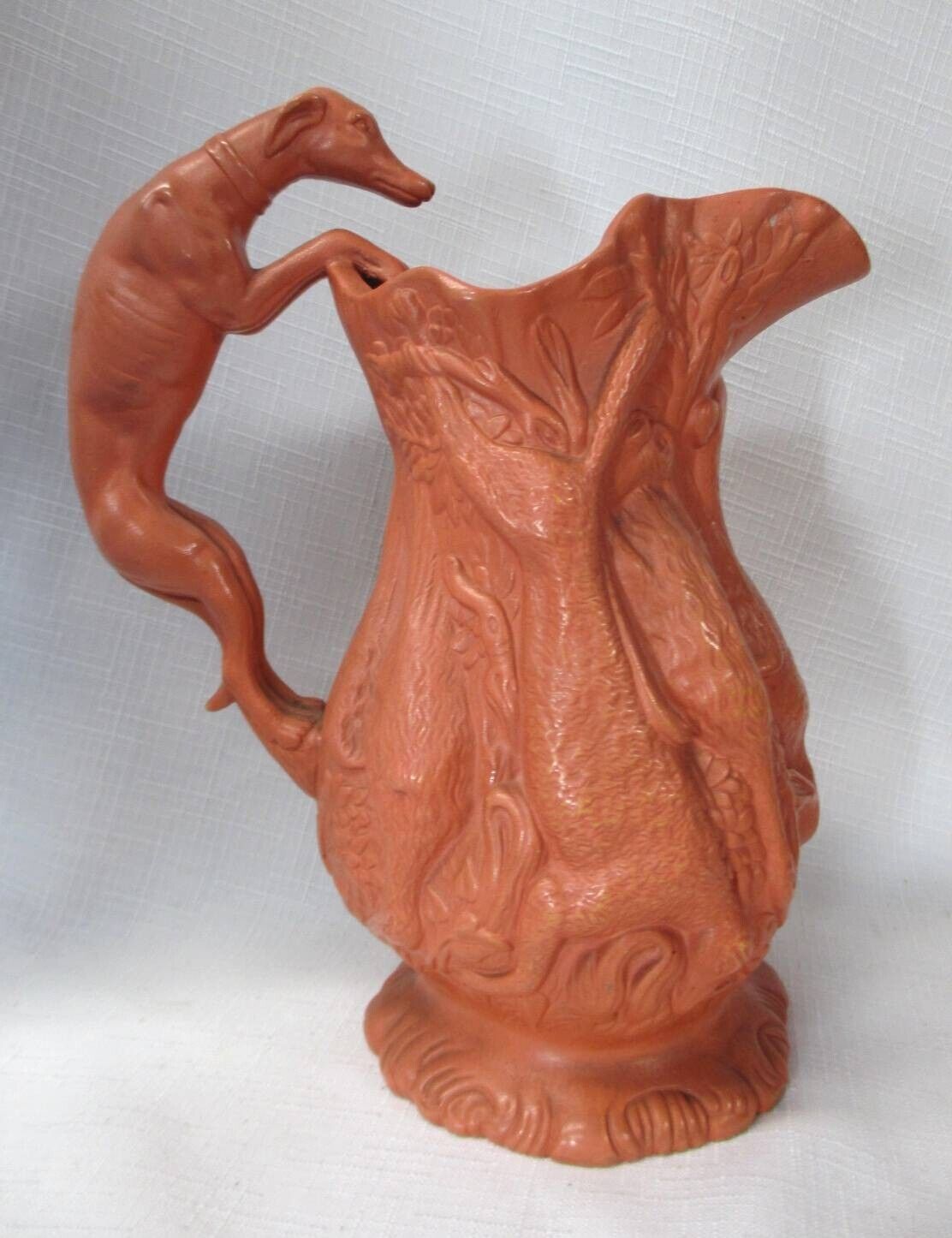 RARE STAFFORDSHIRE RED PARIAN WARE HANGING GAME MOULDED JUG WITH HOUND HANDLE