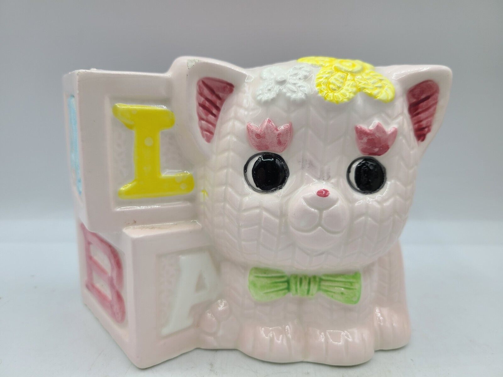 Vintage Ceramic Pink Cat With Blocks Planter Nursery Decor Luv Imports MCM