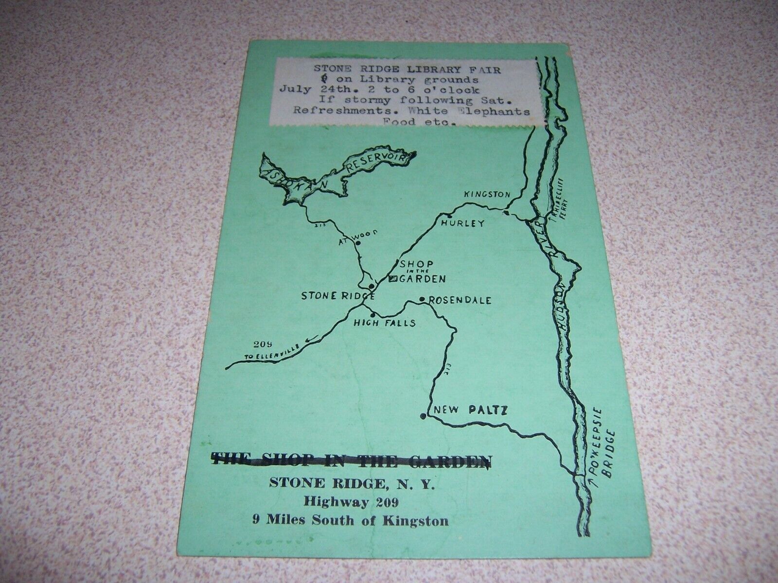 1940s LIBRARY FAIR, TOWN MAP, STONE RIDGE, NY. ANTIQUE POSTCARD