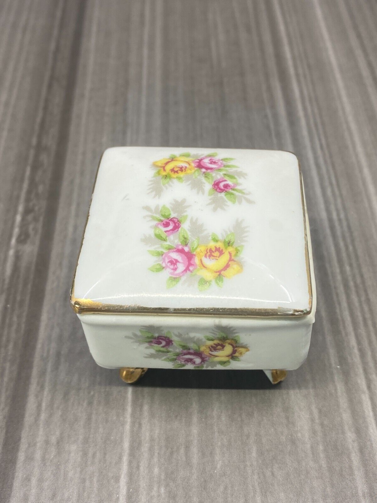 Vintage Enesco Trinket Pill Box Porcelain Lidded Footed Floral Made in Japan