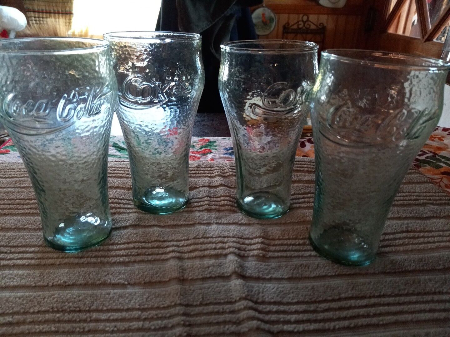Vintage COCA COLA DRINKING GLASSES Green Hammered Pebble Texture 6\