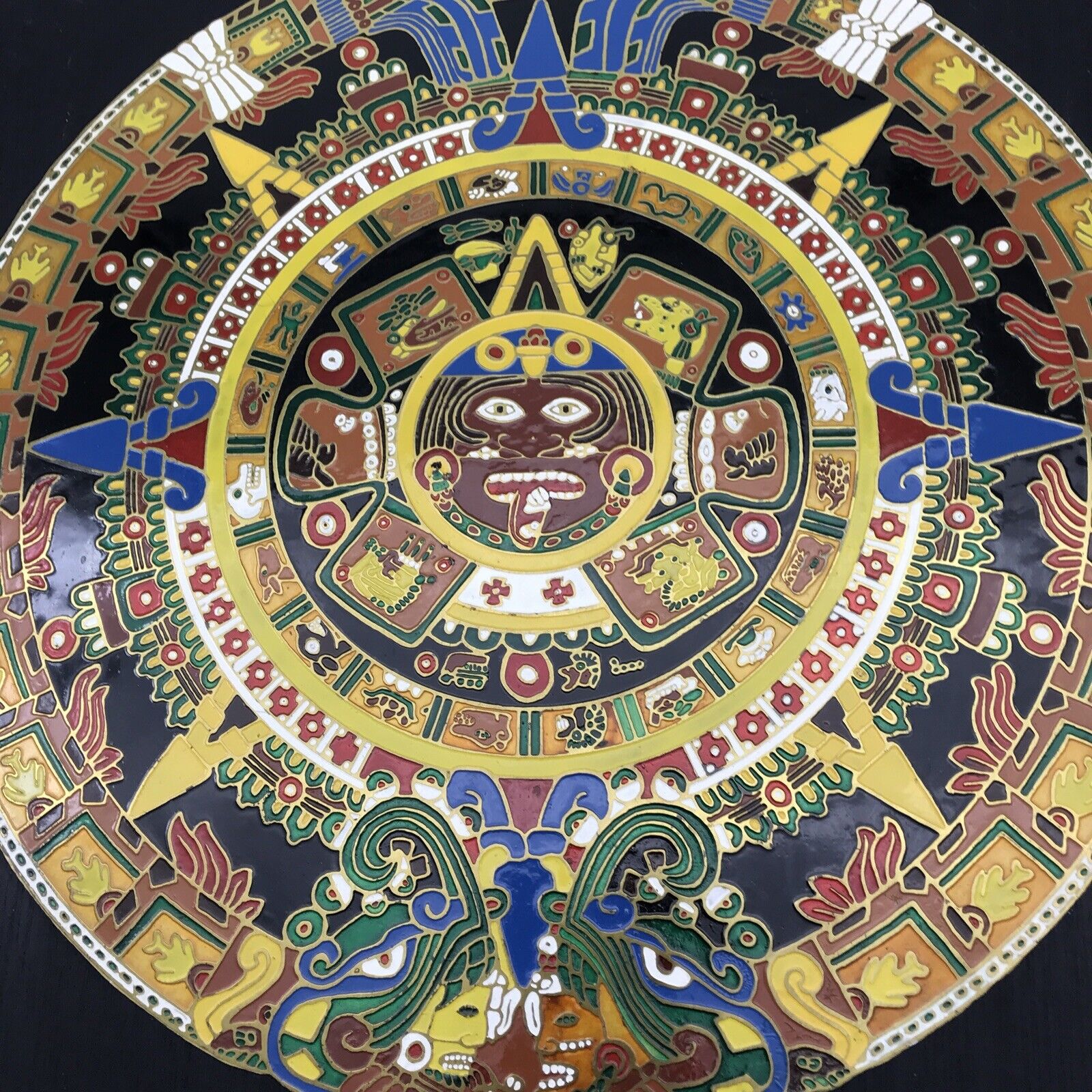Aztec Calendar Wall Plaque Enameled Brall Wood the Sun Stone Large 16”x 16”