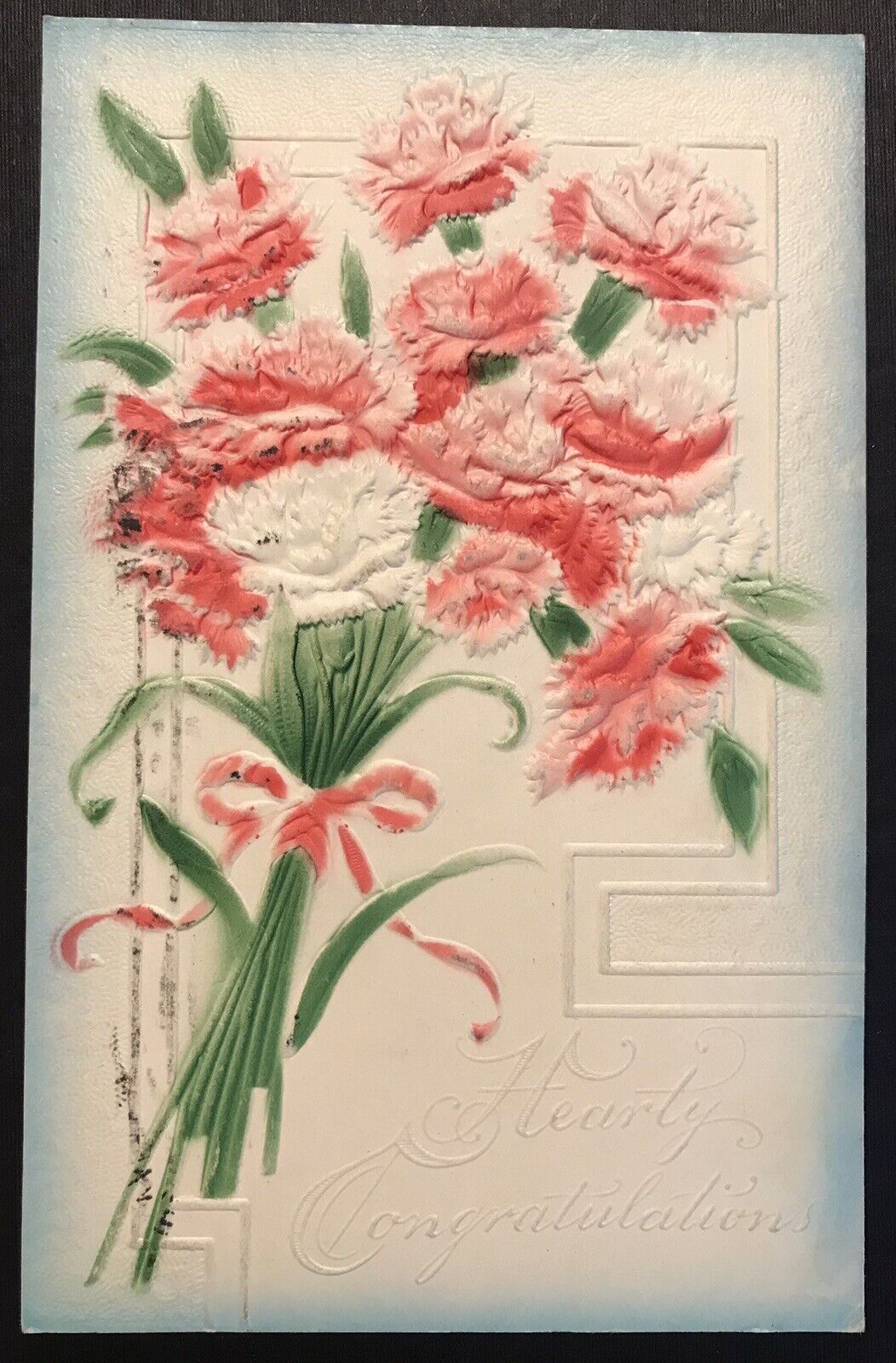 Antique Postcard Hearty Congratulations Pink Carnation Bouquet