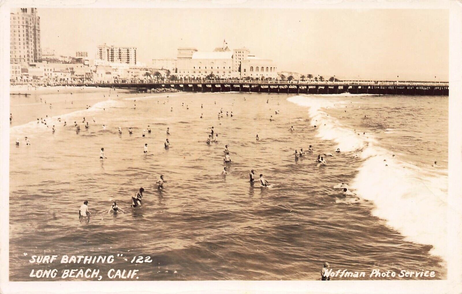 Surf Bathing, Long Beach, California, Early Real Photo Postcard