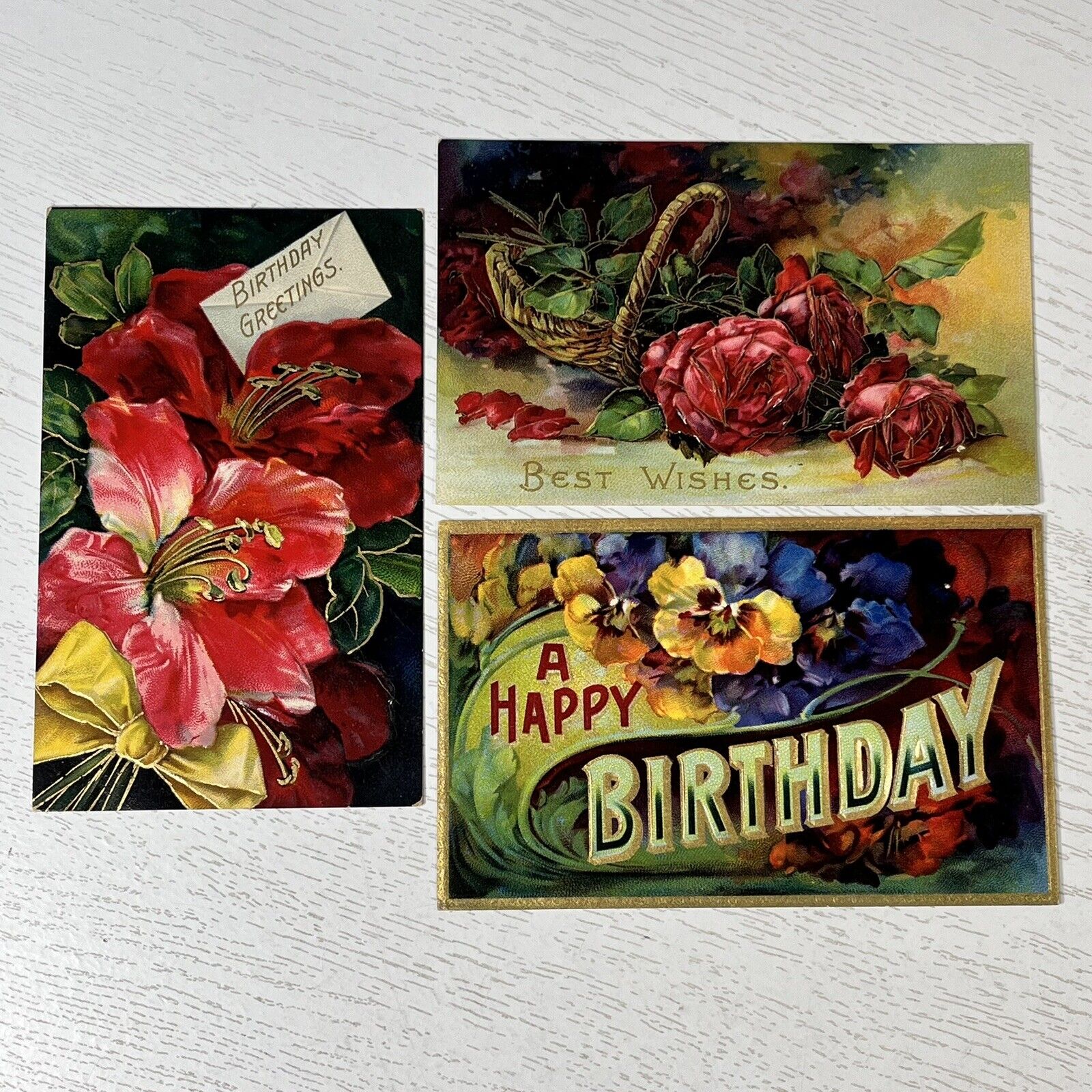 3 Vintage HAPPY BIRTHDAY Embossed Postcards Lot Colorful Florals Germany