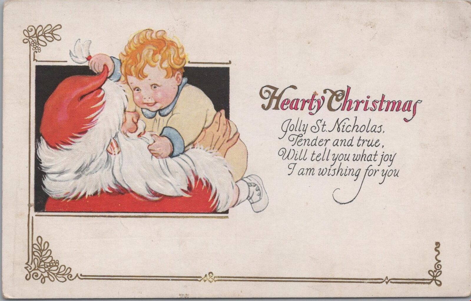Postcard Christmas Santa Claus + Holding Little Boy Hearty Christmas 