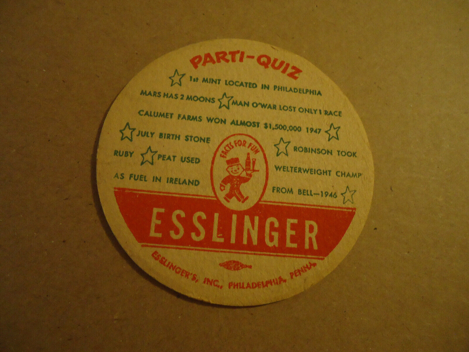 Esslinger Beer Parti-Quiz coaster PHILADELPHIA PENNA - First Mint located in