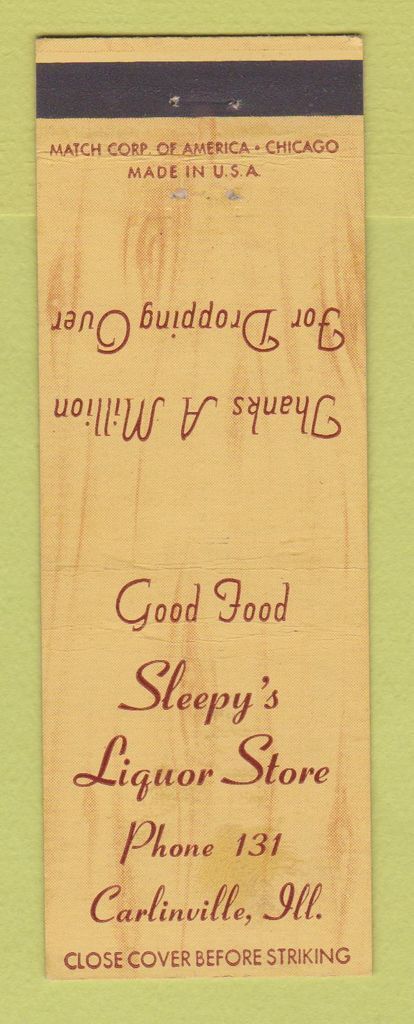 Matchbook Cover - Sleepy\'s Liquor Store Carlinville IL