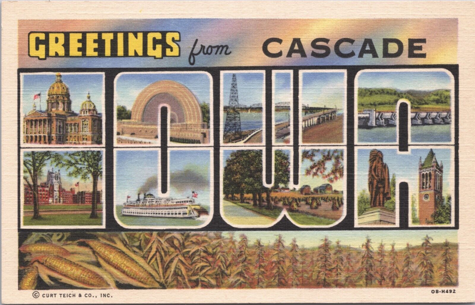Greetings from Cascade Iowa Large Letter Multi View Corn Riverboat Themed