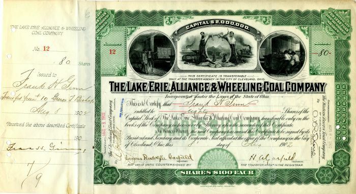 Lake Erie, Alliance and Wheeling Coal Co. signed by James R. Garfield and H.A. G