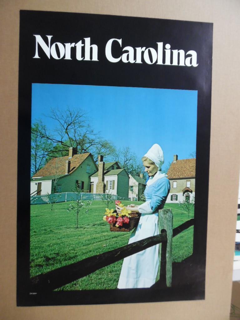 c.1972 North Carolina Official Travel Tourism Poster Old Salem Vintage Original 