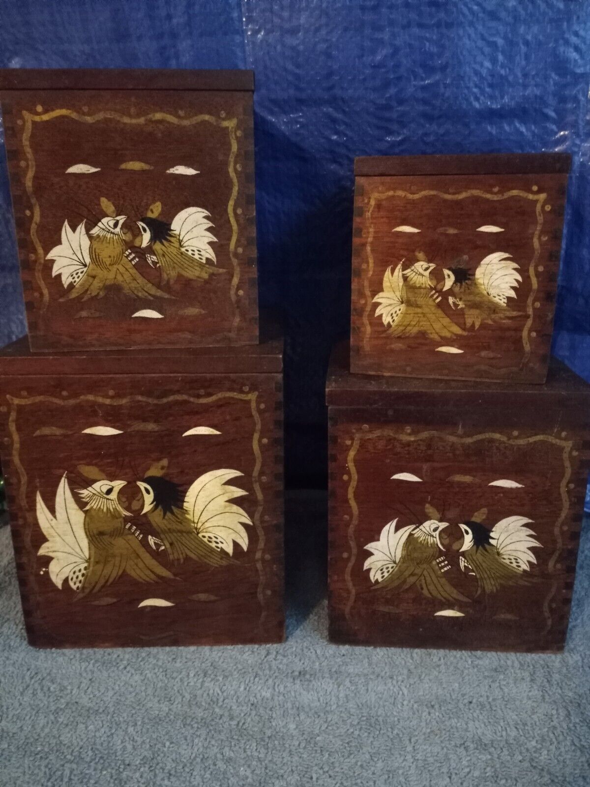 Vtg Wooden Nesting Painted Fighting Roosters Canister Set Brown  Folk Art  4 Pc 