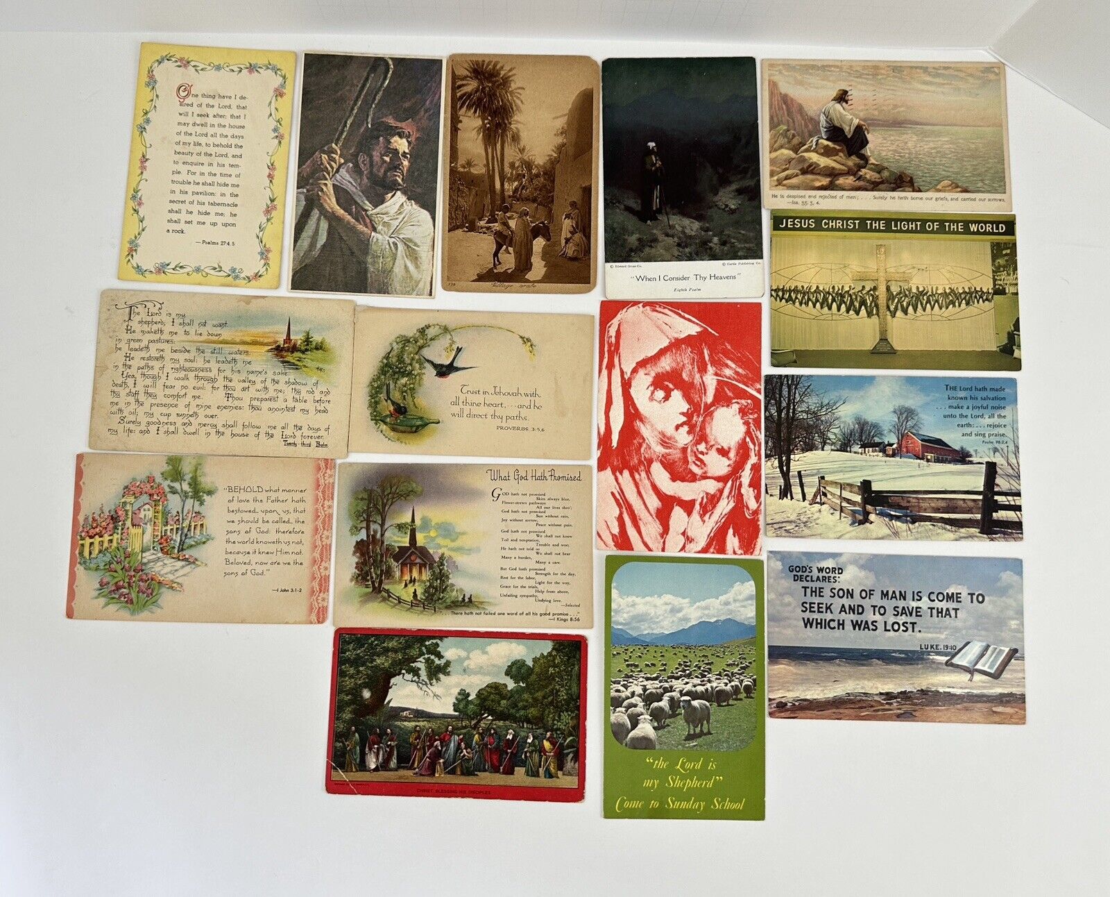 Lot of 15 Vtg Bible Study Scriptures Inspirational Postcards Religious 1917-50\'s