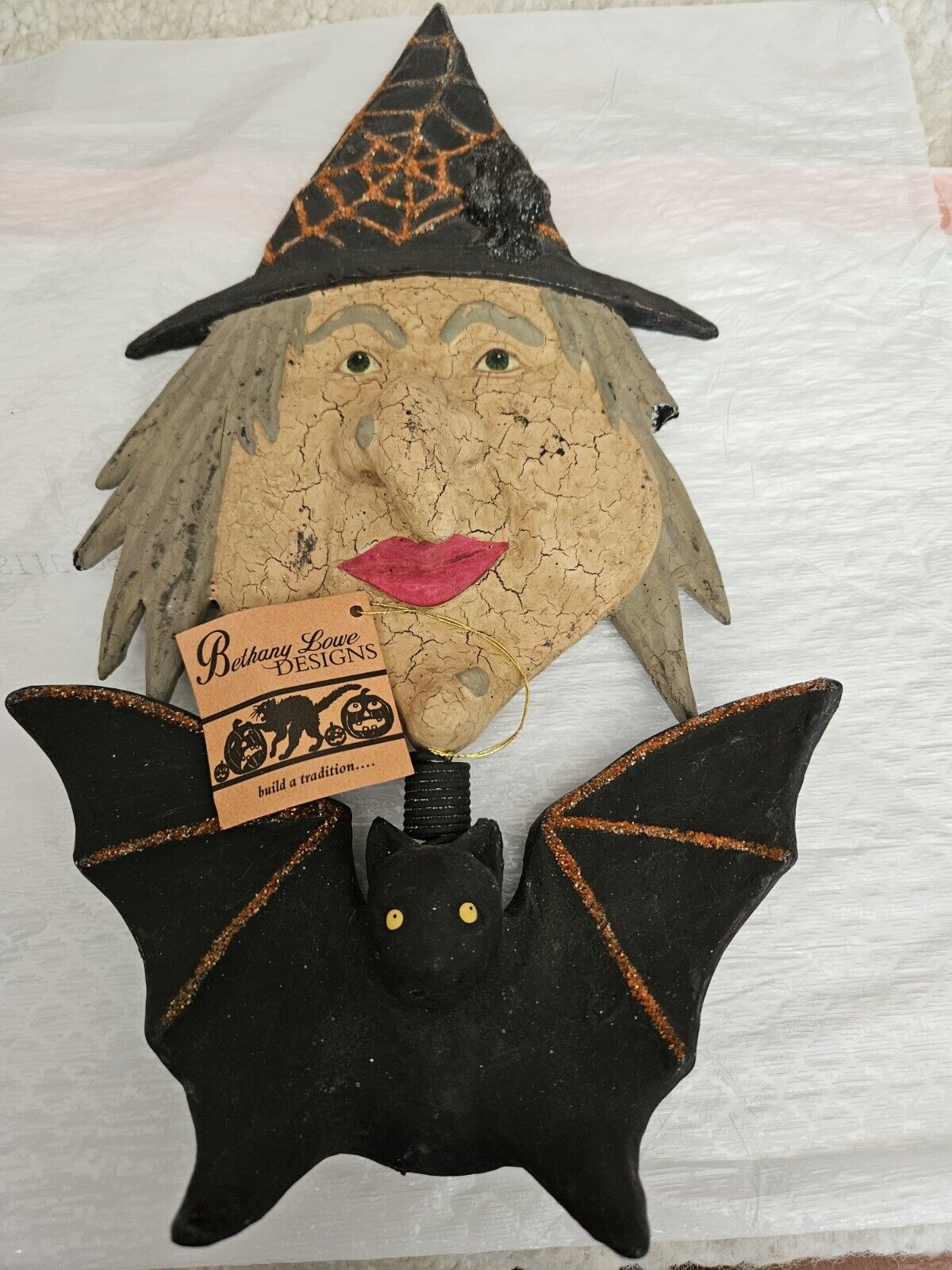 VINTAGE BETHANY LOWE WITCH BOBBLE HEAD With Bat Paper Mache Primative Rare