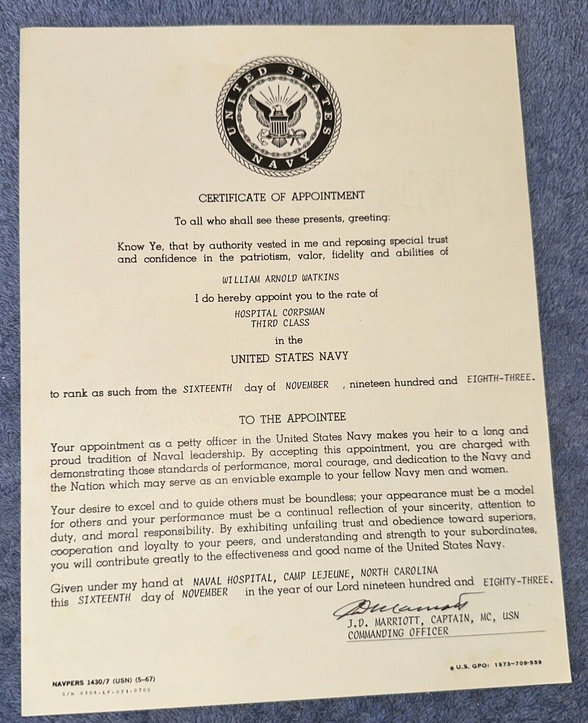 Vtg 1983 U. S.  Navy Certificate Of Appointment Hospital Corpsman Ephemera