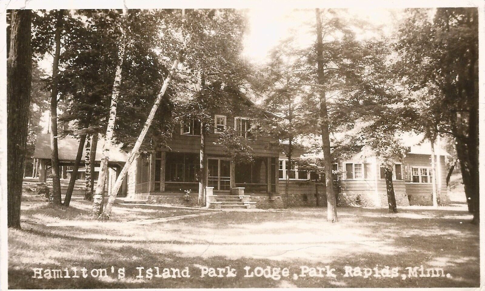 Postcard MN Park Rapids Hamilton\'s Island Park Lodge RPPC 1938 Hubbard County 
