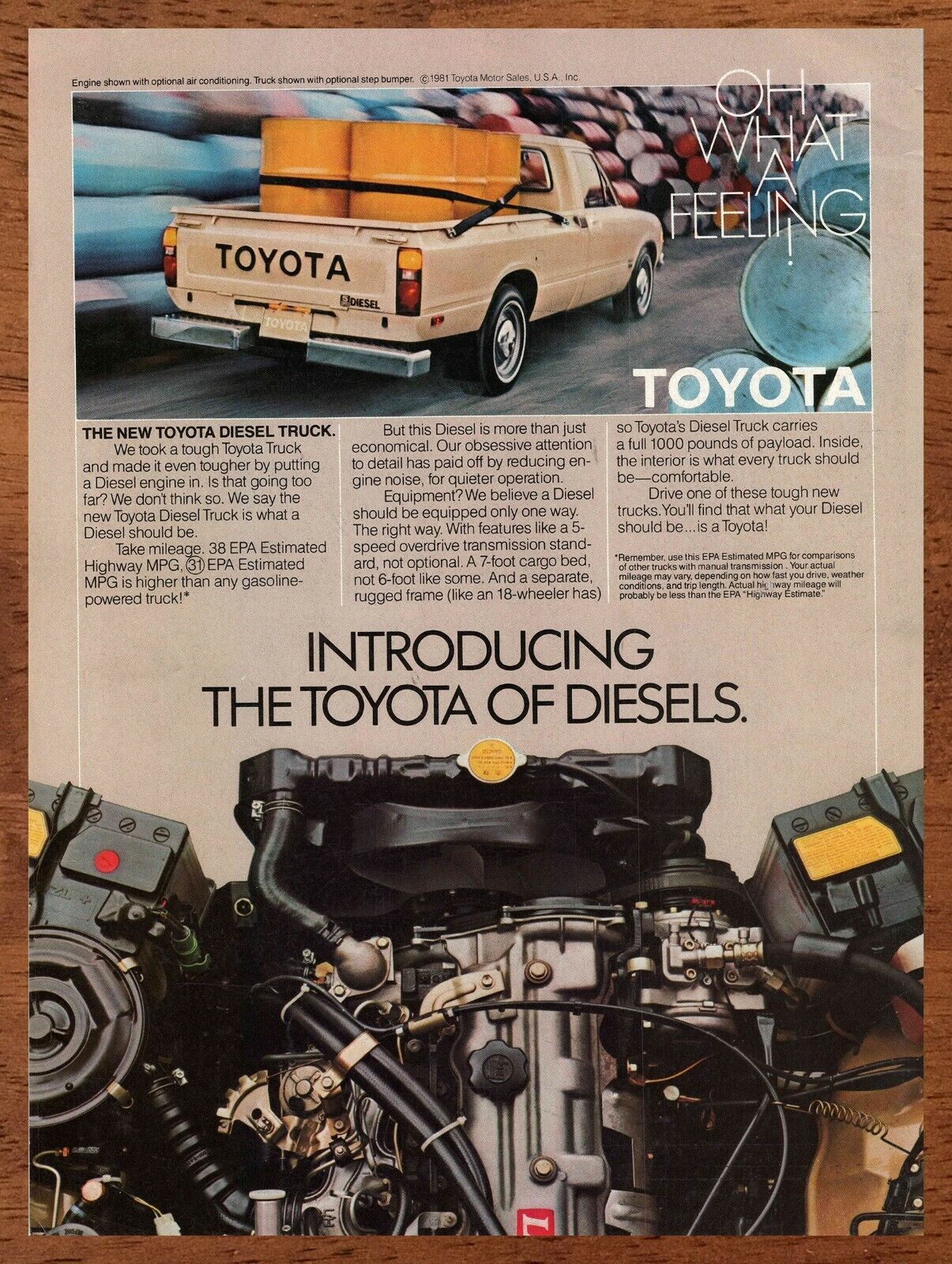 1981 Toyota Diesel Engine Vintage Print Ad/Poster 80s Car Truck Bar Art Décor 