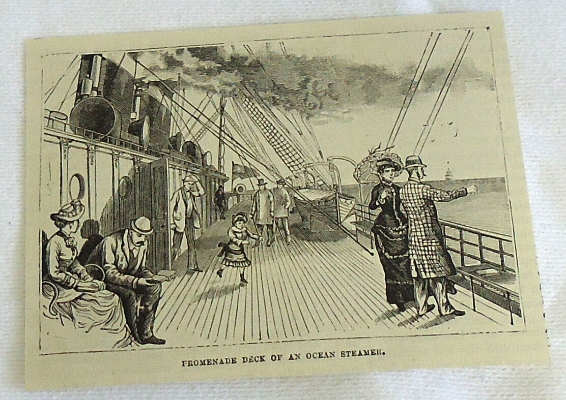 small 1882 magazine engraving ~ PROMENADE DECK OF AN OCEAN STEAMER