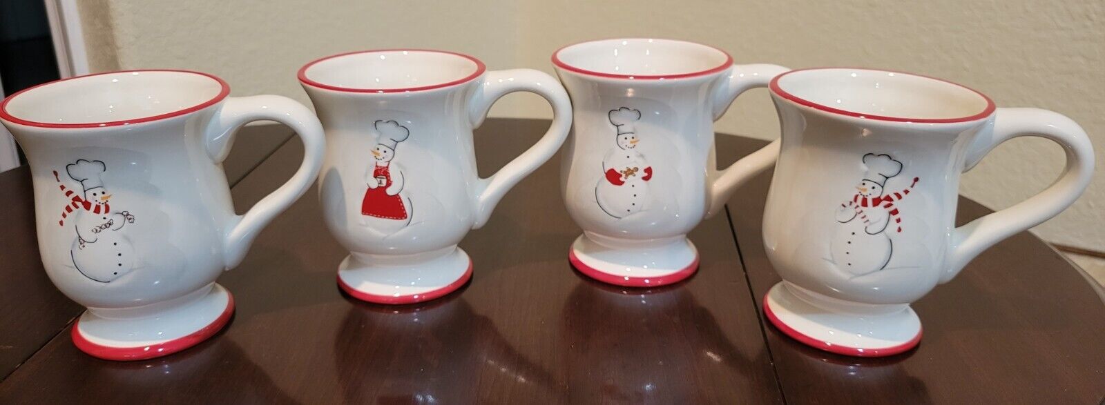 Lot 4 Williams Sonoma Snowman Chef Coffee Tea Mug Cup Set Footed Christmas-Other