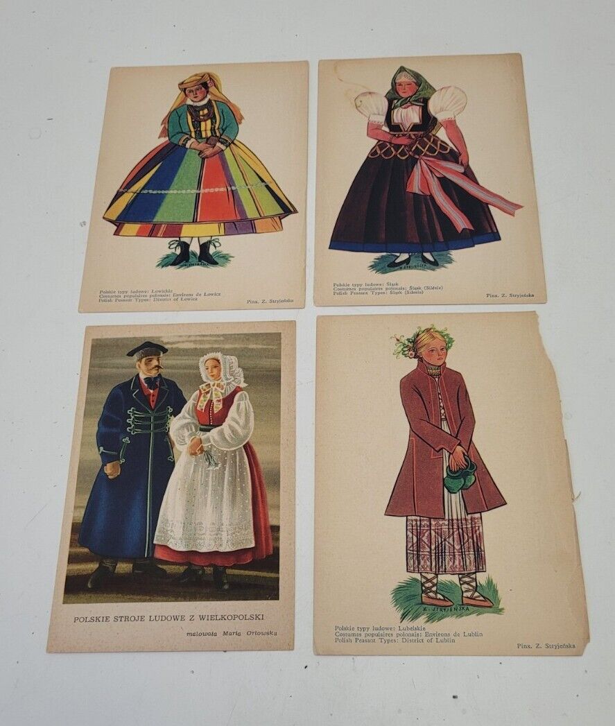 Lot Stryjenska Polish Peasant Types Postcard Lowicz District Colorful Set Of 4